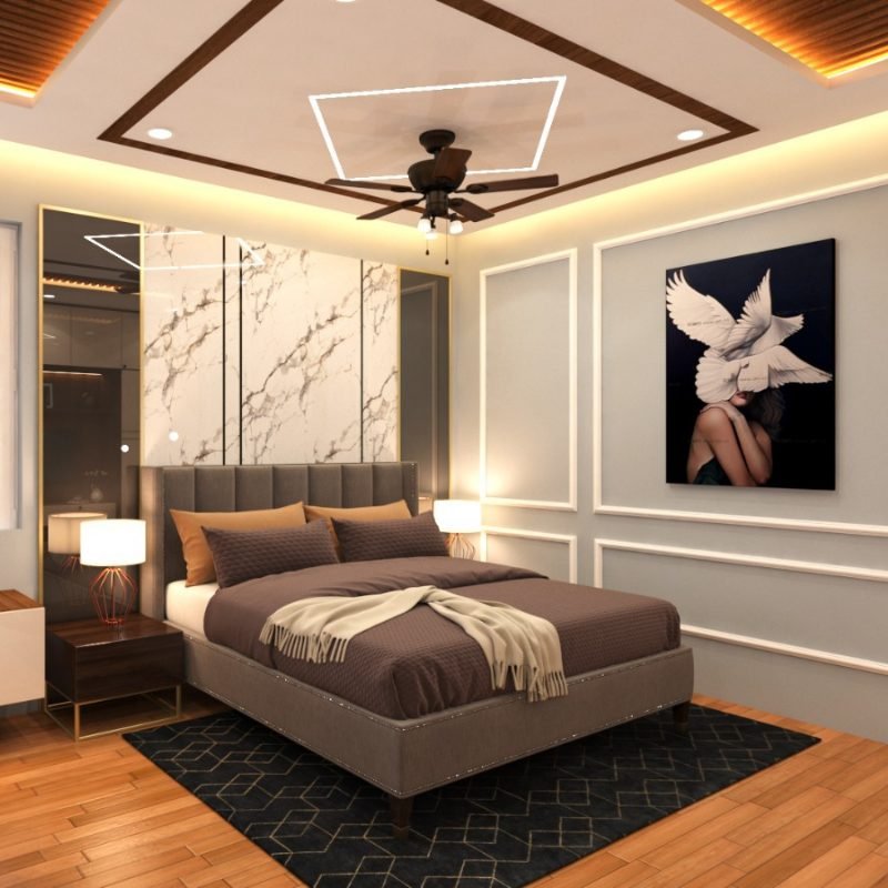 Marble headboard wall and cove-lit ceiling in a completed Homz Space Interiors bedroom