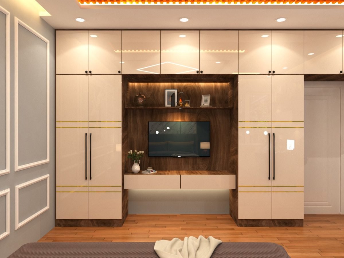 Ivory gloss TV unit with wooden display niche and profile lighting