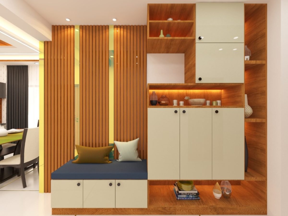 Foyer shoe unit in fluted wood with cushioned bench seat and open shelving
