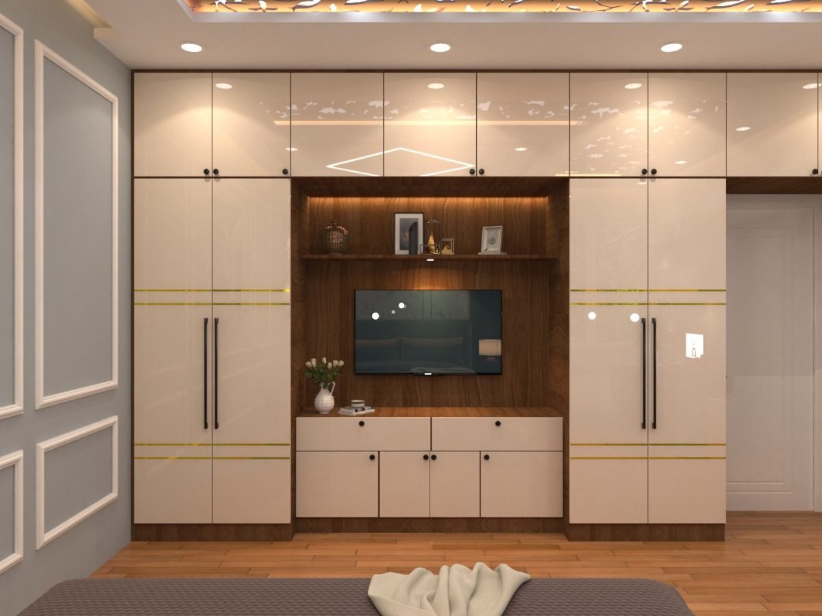 Ivory and wood TV unit with tall flanking storage cabinets