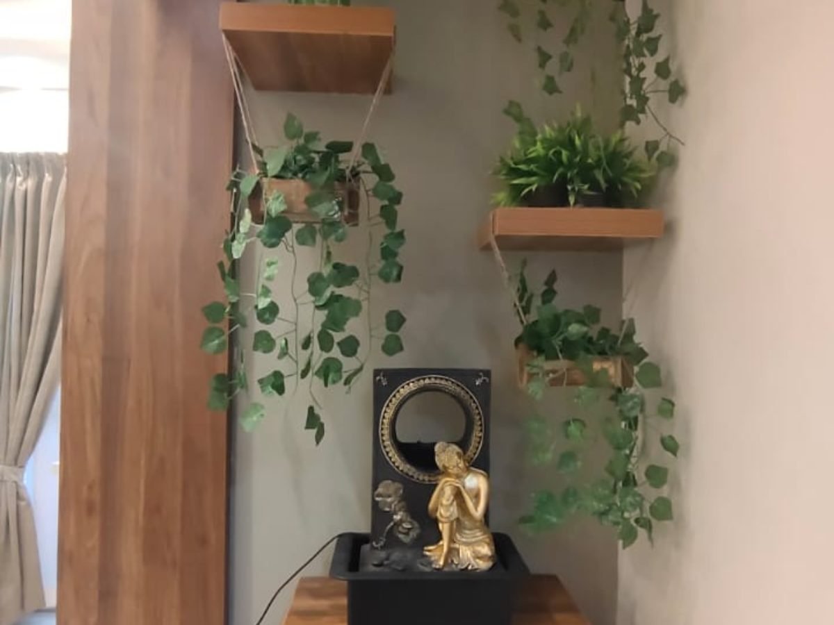 Wooden wall shelves with brass idol and trailing indoor plants in a foyer
