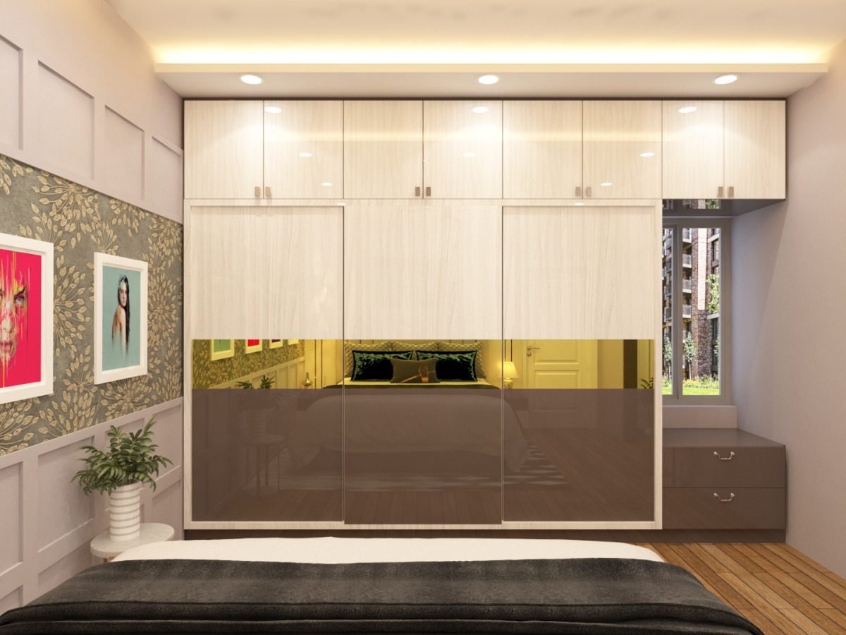 Glossy brown bedroom wardrobe with loft storage and a built-in dresser niche