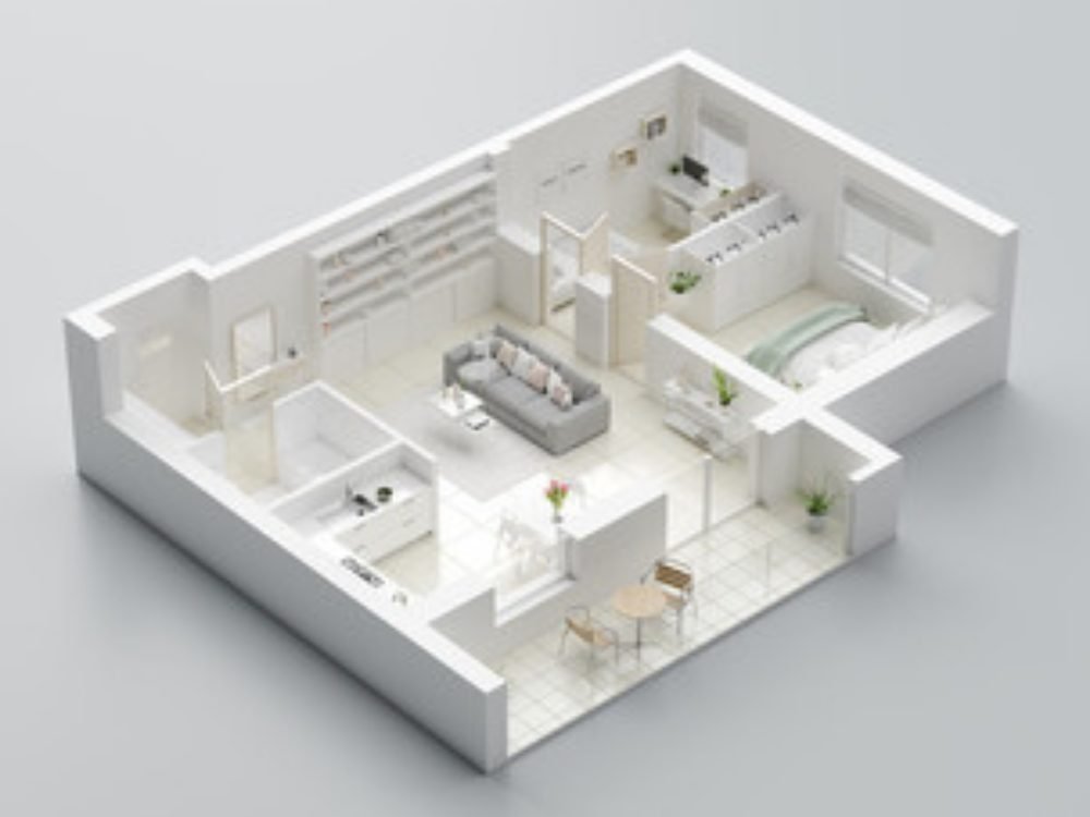 Photorealistic 3D interior layout view of a full home by Homz Space Interiors