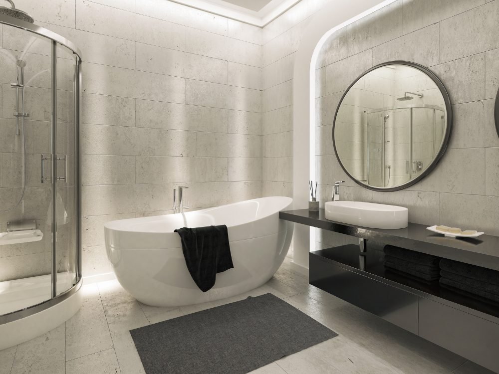Modern bathroom with freestanding tub, vanity unit and glass shower